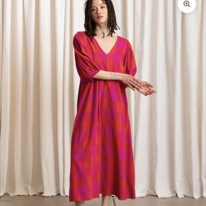 Ali Golden Double V Checkered Silk Dress XS